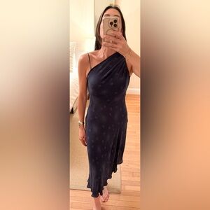 VINTAGE 2002-2003 Diane Von Furstenberg One-Shoulder Navy Polka-Dot Slip Dress
